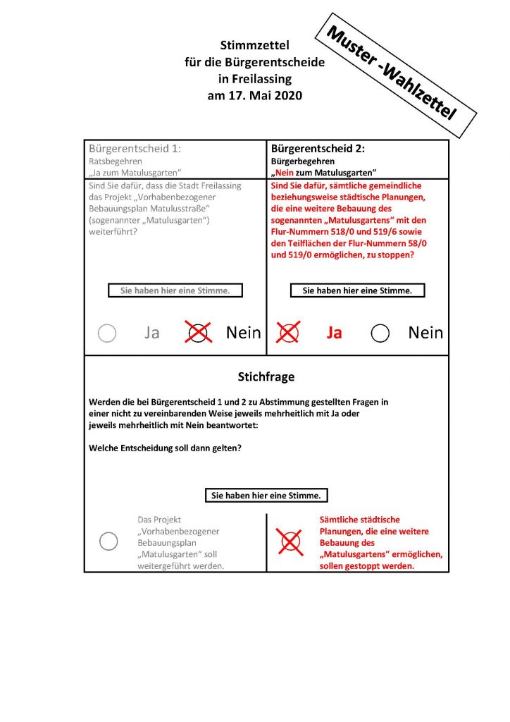 Muster-Stimmzettel "Nein" zum Matulusgarten!